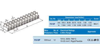 Клеммная колодка HEAVY POW. PA18P, Винтовая, 12 контактов, сечение провода 6-25 мм2, ток 101 A, Белый фото 2